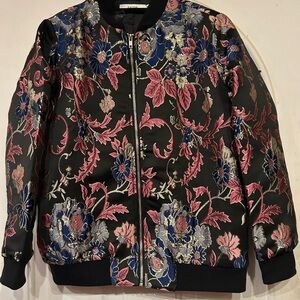 JustFab Jacquard Bomber Jacket and matching skirt in Black Floral M
